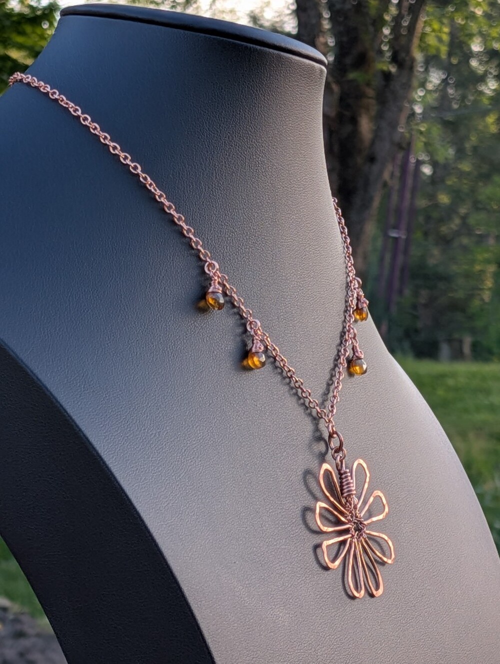 Adjustable Copper Flower Necklace Rare Cognac Quartz Gemstone Drops - Picture 12 of 16